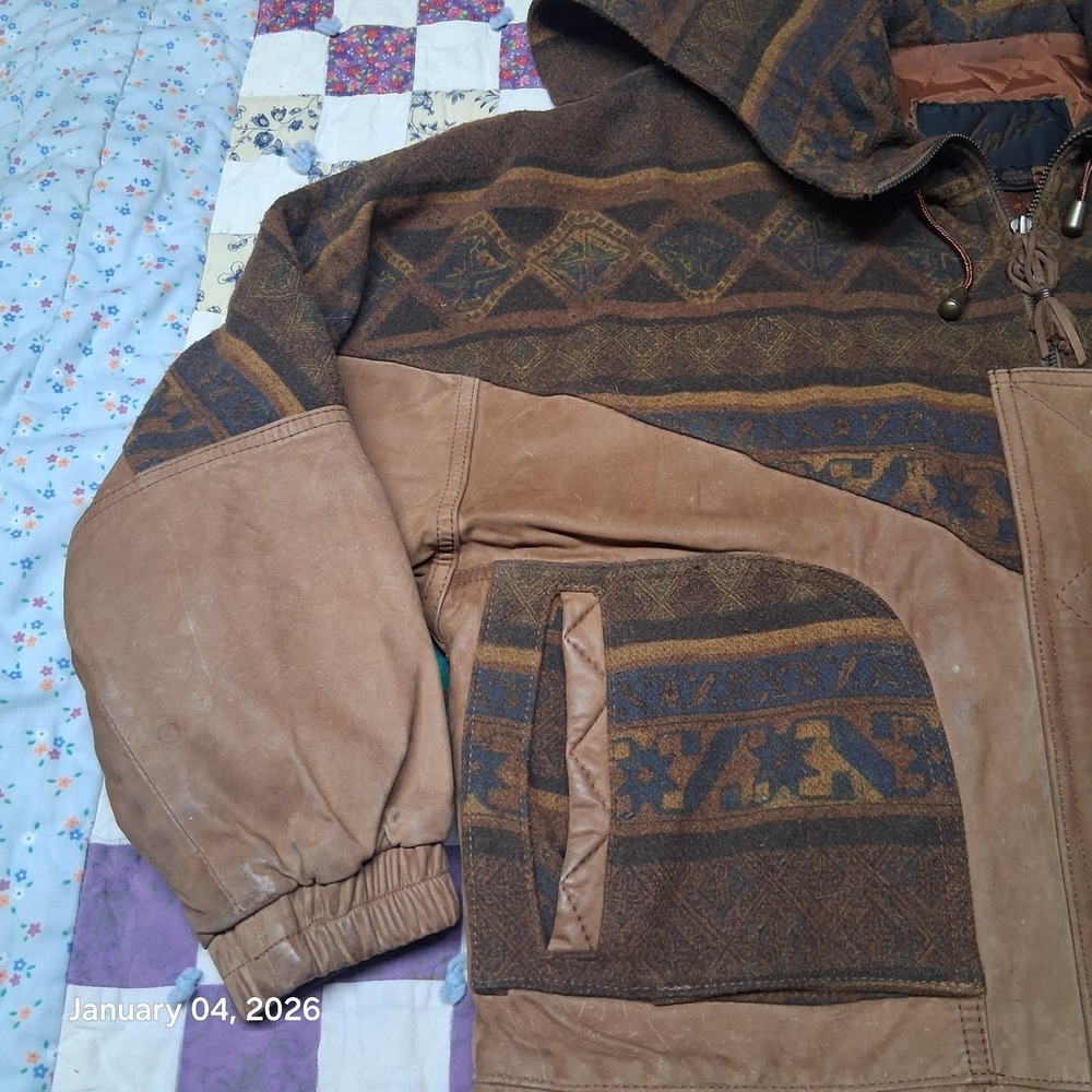 Vintage Winlit Leather & Wool Aztec Southwest Jacket Split Hood Parka Sz Small - Picture 3 of 16